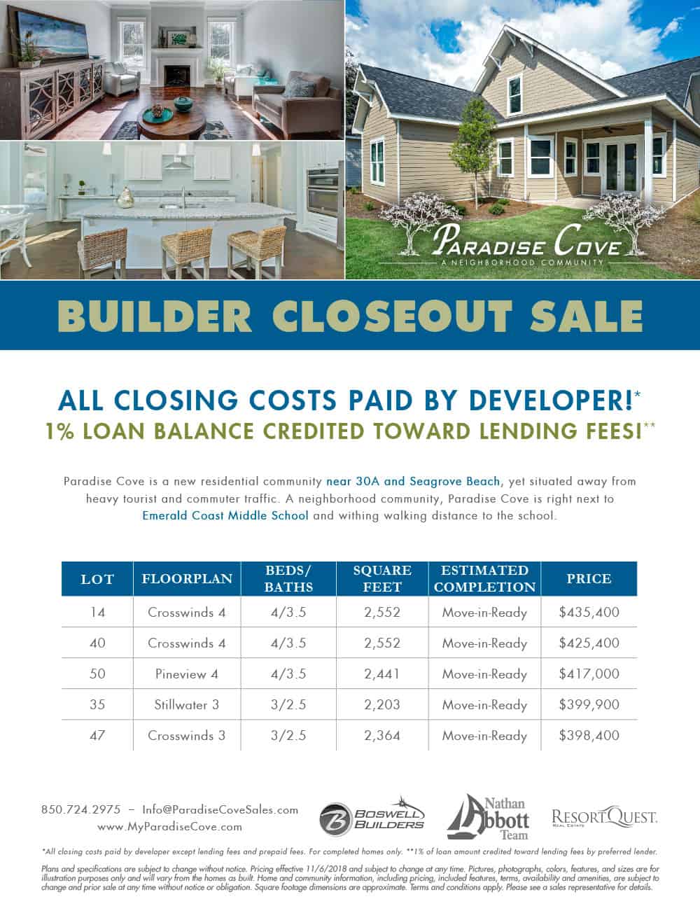 Paradise Cove Builder Closeout sale