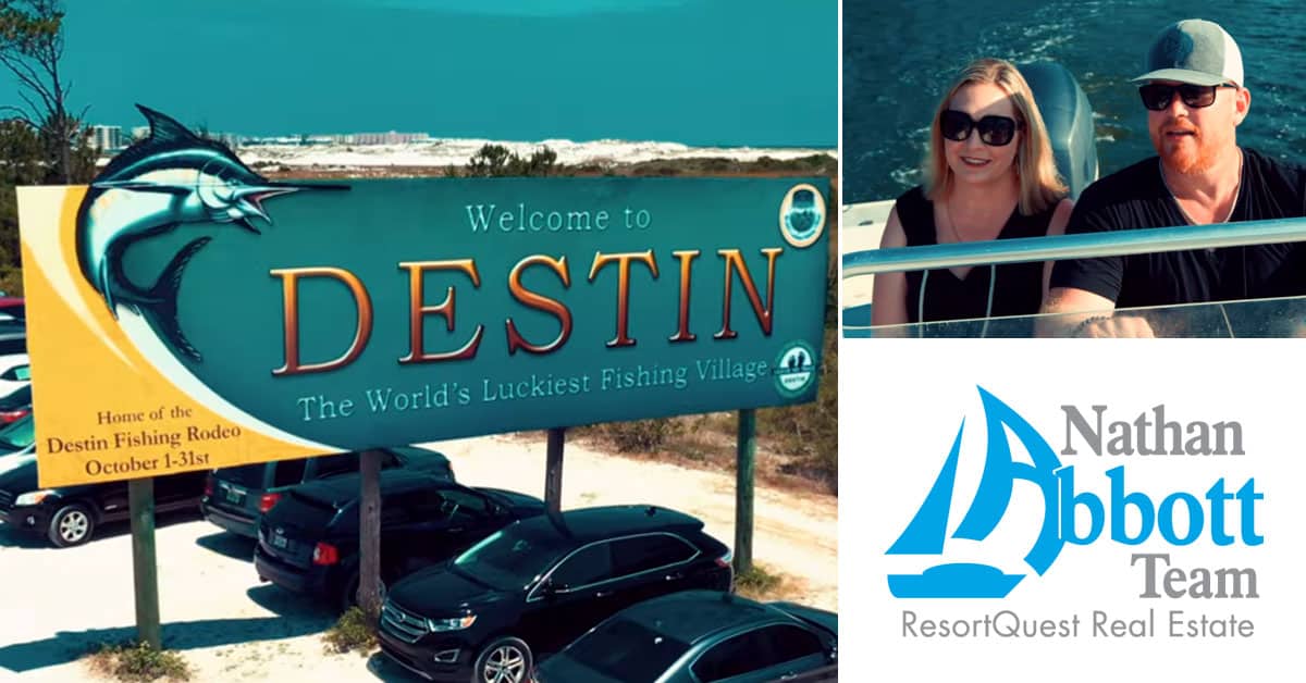 Nathan Abbott Team at ResortQuest Real Estate logo, photo of Nathan and Erin Abbott, photo of Destin, Florida welcome sign.