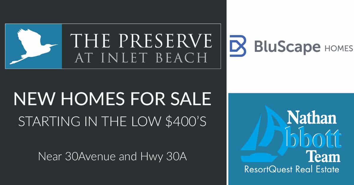 The Preserve at Inlet Beach logo, Blu Scape Group developer logo, Nathan Abbott Team at Resort Quest logo